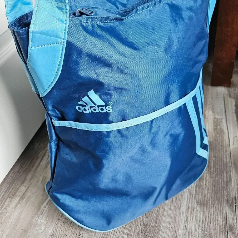 Adidas Blue Nylon Tote Shoulder Gym Light Travel 3 Stripe Logo Bag‎ Rare HTF